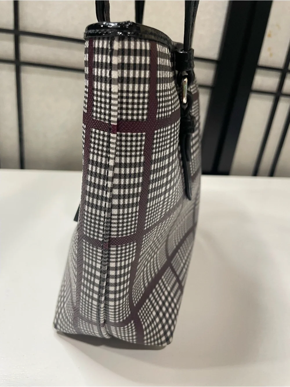 Coach Peyton Glenplaid Top Handle Mini Tote Bag Black Bordeaux Plaid F52196